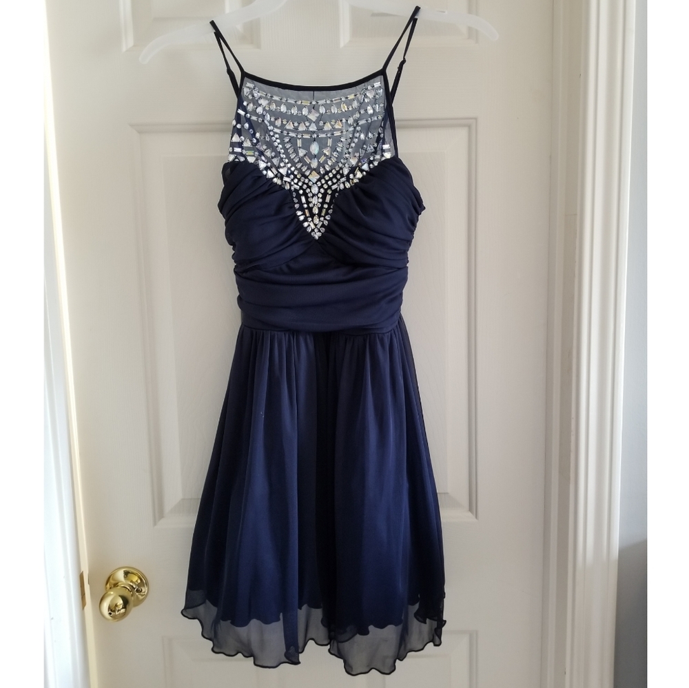 Navy Blue Gem High-Neck Party Dress